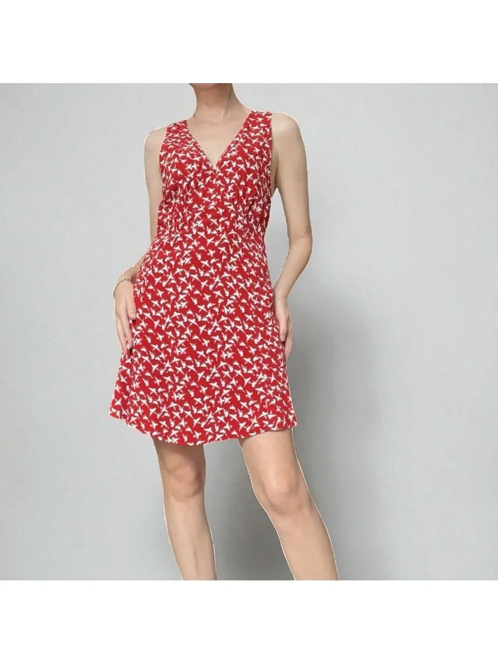 free people red and white dress Free People Walk Me Home Bird-Print Red and White V-Neck Mini Dress 4